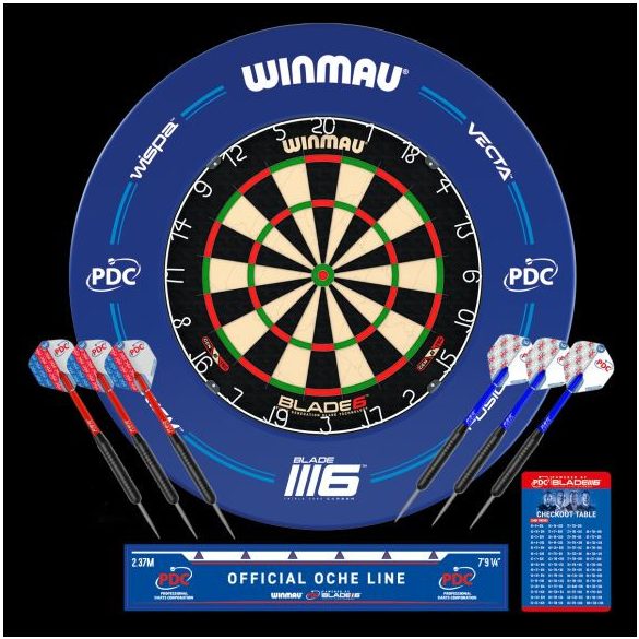 DARTS TÁBLA WINMAU BLADE6 PDC FALVÉDŐVEL, KÉT SZETT NYÍLLAL, STARTVONALLAL, KISZÁLLÓVAL