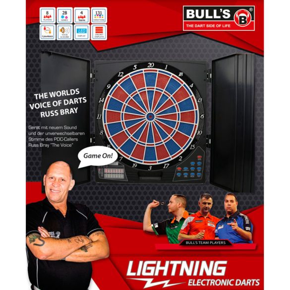 Bull's Lightning elektromos darts tábla, kabinetes,  versenystandard, Russ Bray "The Voice" hangjával (2 év garancia!)