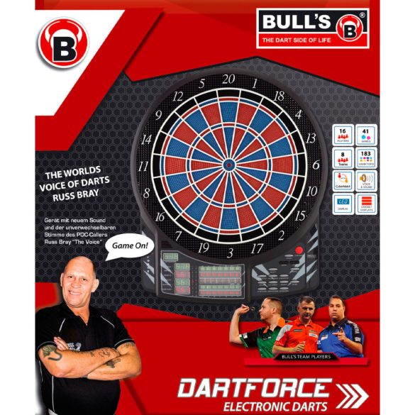 Bull's Dartforce elektromos darts tábla (verseny standard), Russ Bray "The Voice" hangjával (2 év garancia!)