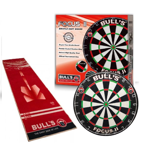 Bull's Focus II darts tábla + 5mm vastag szőnyeg, komplett darts csomag