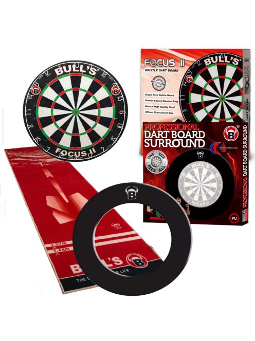 Bull's Focus II darts tábla + Bull's Pro dart egyrészes fekete falvédő + 5mm vastag szőnyeg, komplett darts csomag