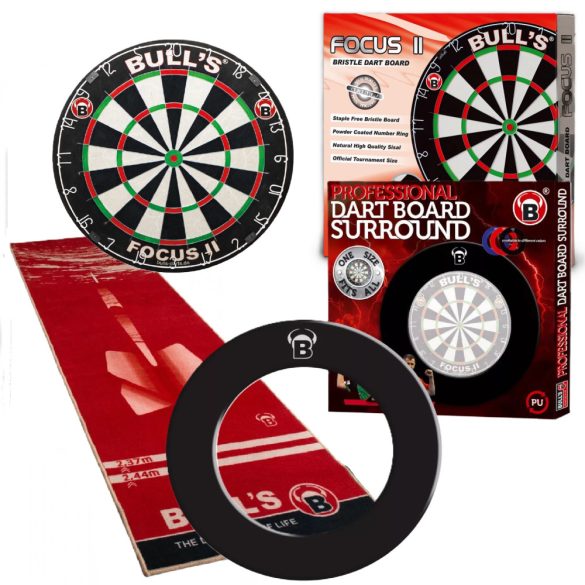 Bull's Focus II darts tábla + Bull's Pro dart egyrészes fekete falvédő + 5mm vastag szőnyeg, komplett darts csomag