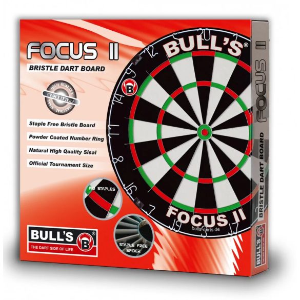 Bull's Focus II darts tábla + Bull's Pro dart egyrészes fekete falvédő + 5mm vastag szőnyeg, komplett darts csomag