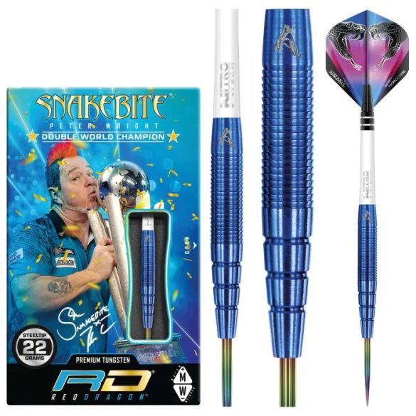 Dart szett steel 22g Peter Wright Snakebite PL15 Blue, 90% Wolfram