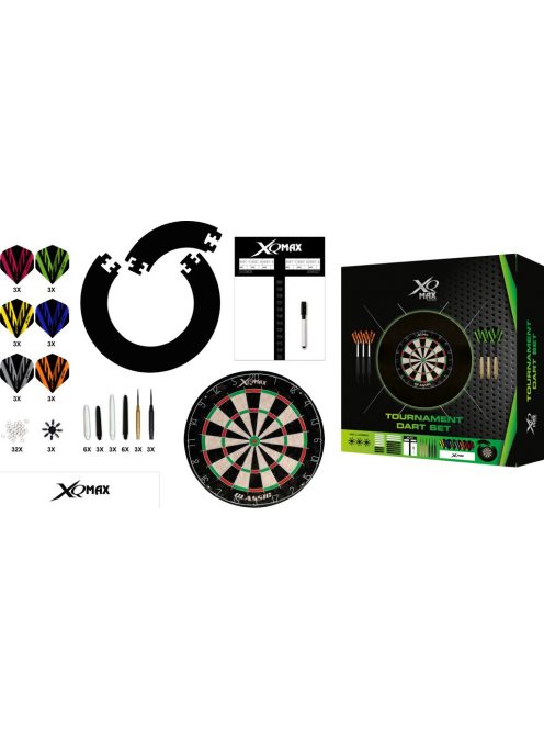 XQMAX komplett dart csomag Tournament black  (tábla, fekete falvédő, felírótábla + kellékek)