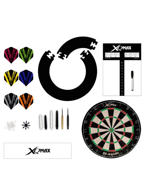 XQMAX komplett dart csomag Tournament black  (tábla, fekete falvédő, felírótábla + kellékek)