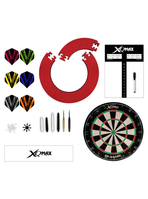 XQMAX komplett dart csomag Tournament red (tábla, piros falvédő, felírótábla + kellékek)